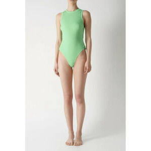 LELIS Bodysuit Womens Size S Lime‎ Green Ribbed Sleeveless Slimming Vibrant